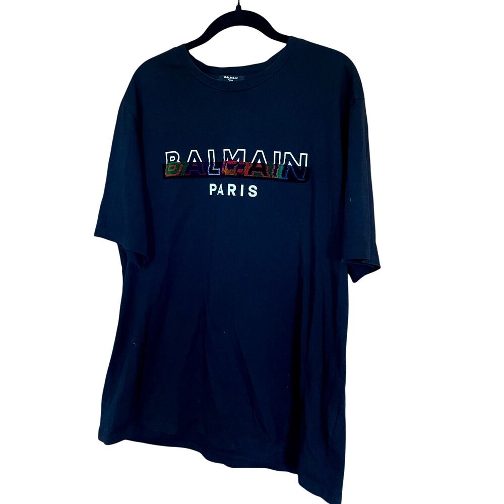 Balmain Paris Multicolor Textured Crew Neck T-Shirt Logo Black Size Large